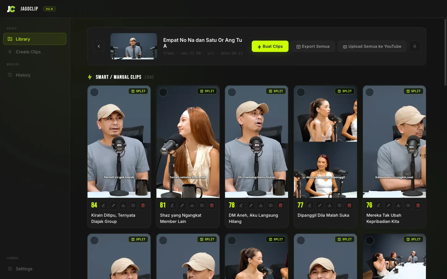 Tampilan JagoClip: 30 clip vertikal hasil satu video, lengkap dengan judul dan skor viral