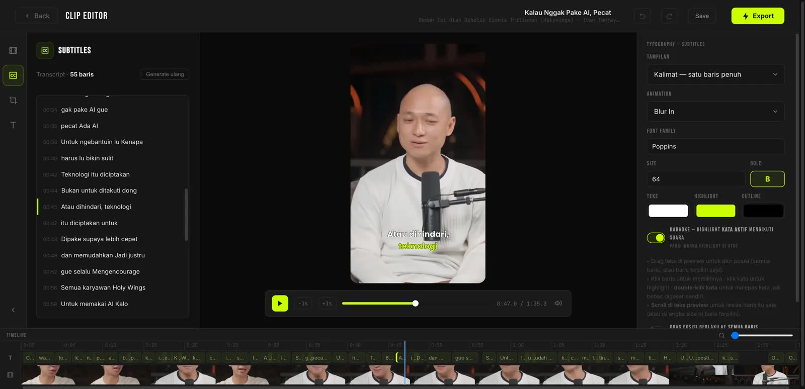 Clip Editor JagoClip dengan transkrip, pengaturan subtitle, dan timeline