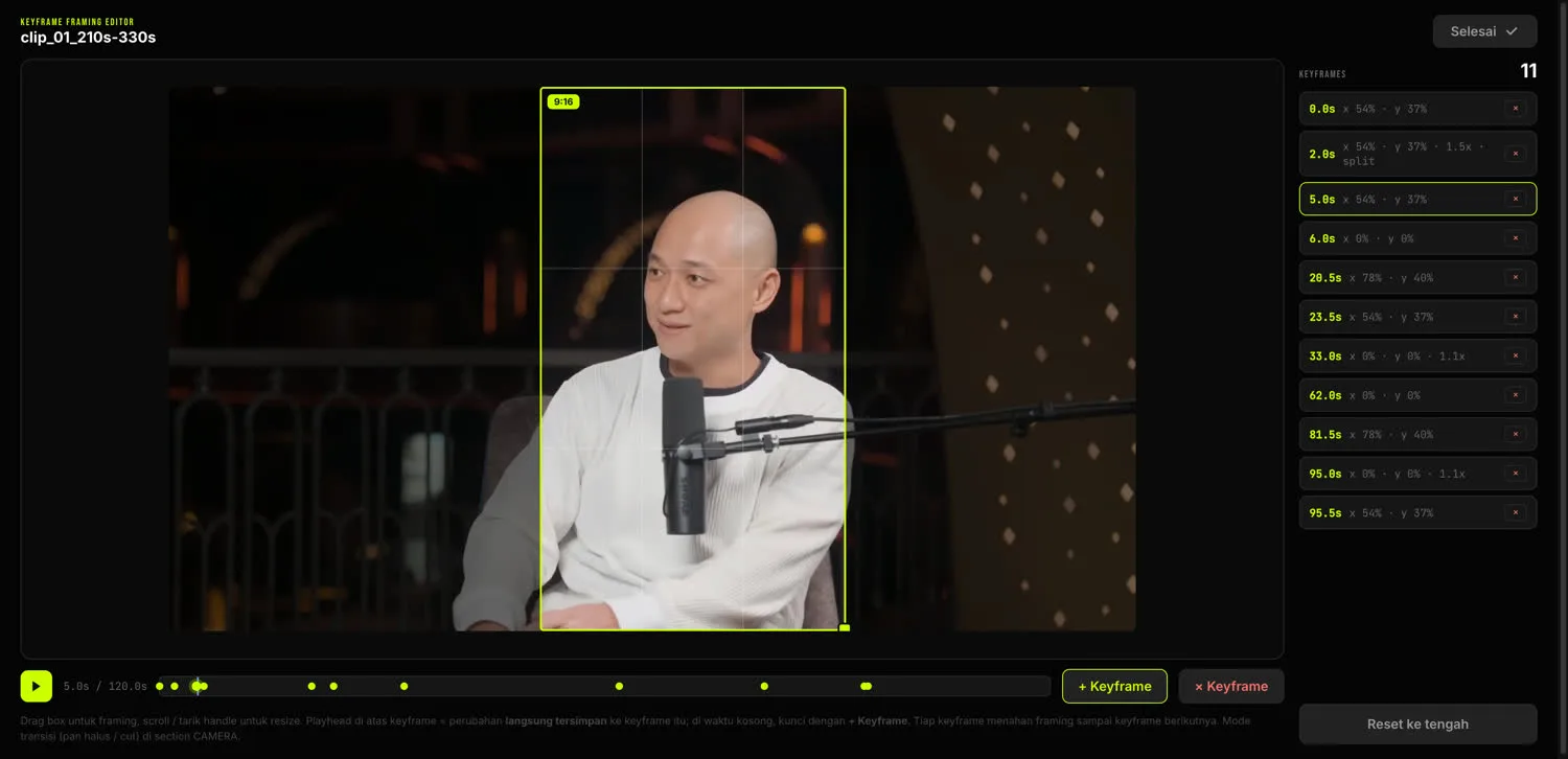 Keyframe Framing Editor: kotak framing 9:16 di atas video dengan daftar keyframe