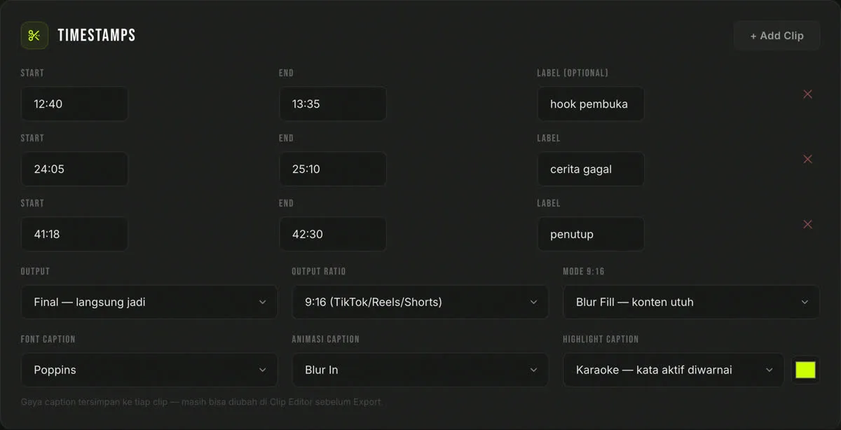 Pengaturan mode Manual Split di JagoClip