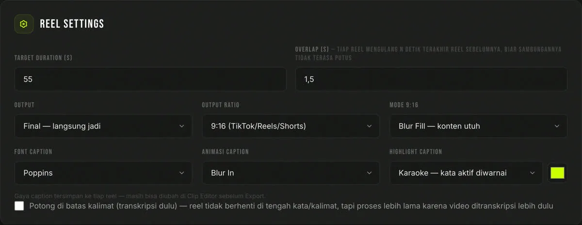 Pengaturan mode Reels berurutan di JagoClip