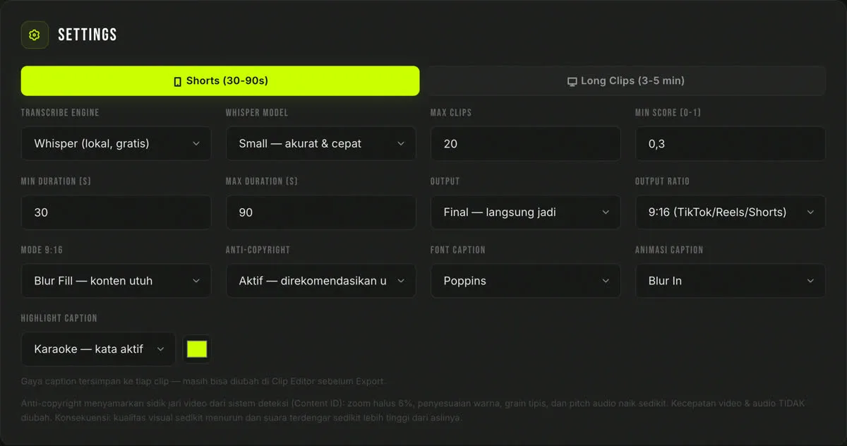 Pengaturan mode Smart Clips di JagoClip
